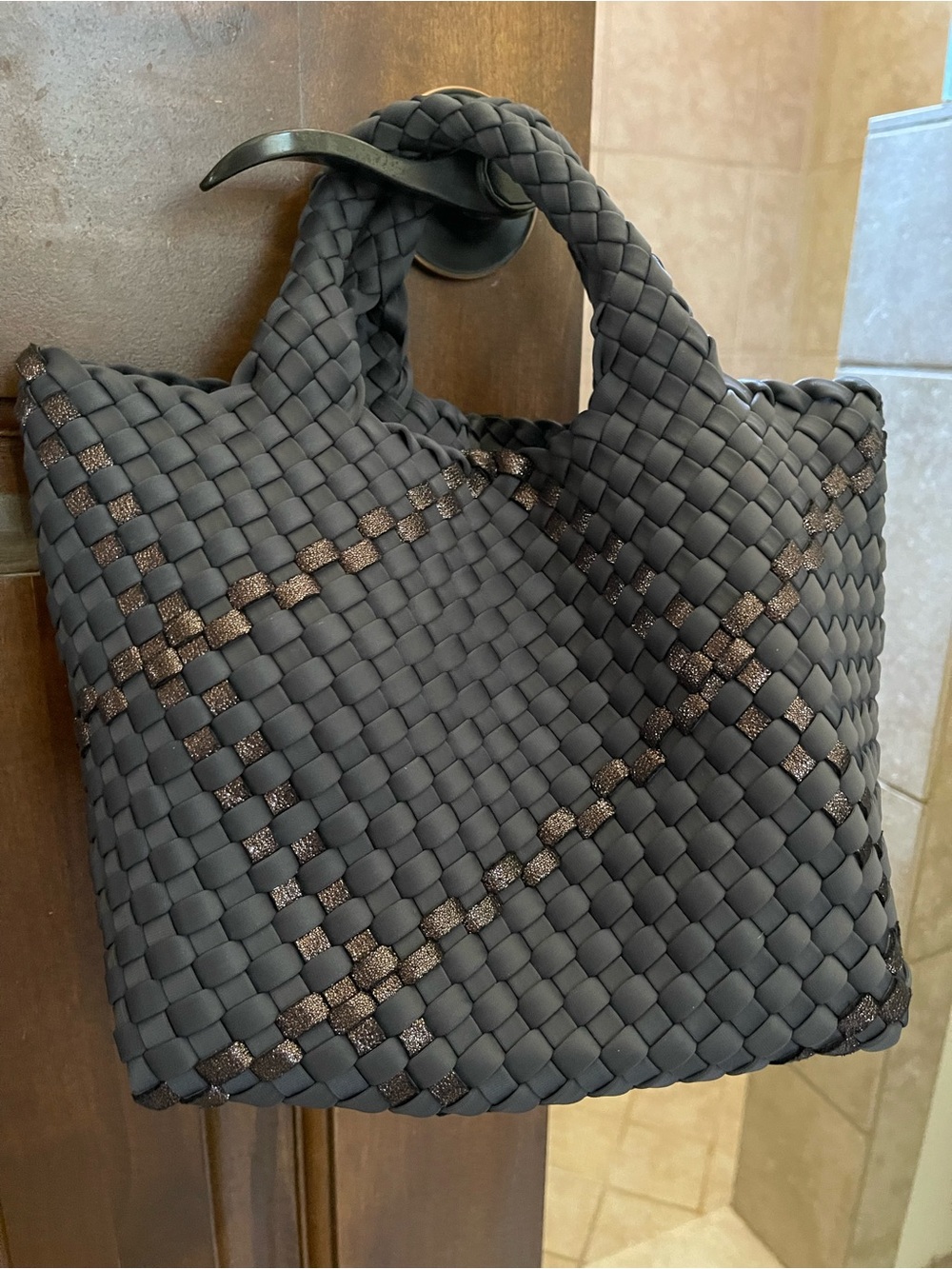 Naghedi Black Woven Tote with Bronze Metallic Weave